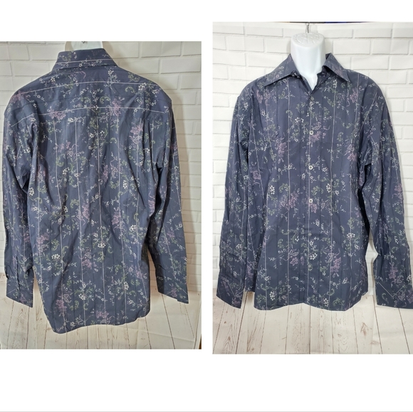 Emanuel Ungaro Indigo Blue Floral Print Button Down Shirt - Picture 1 of 6